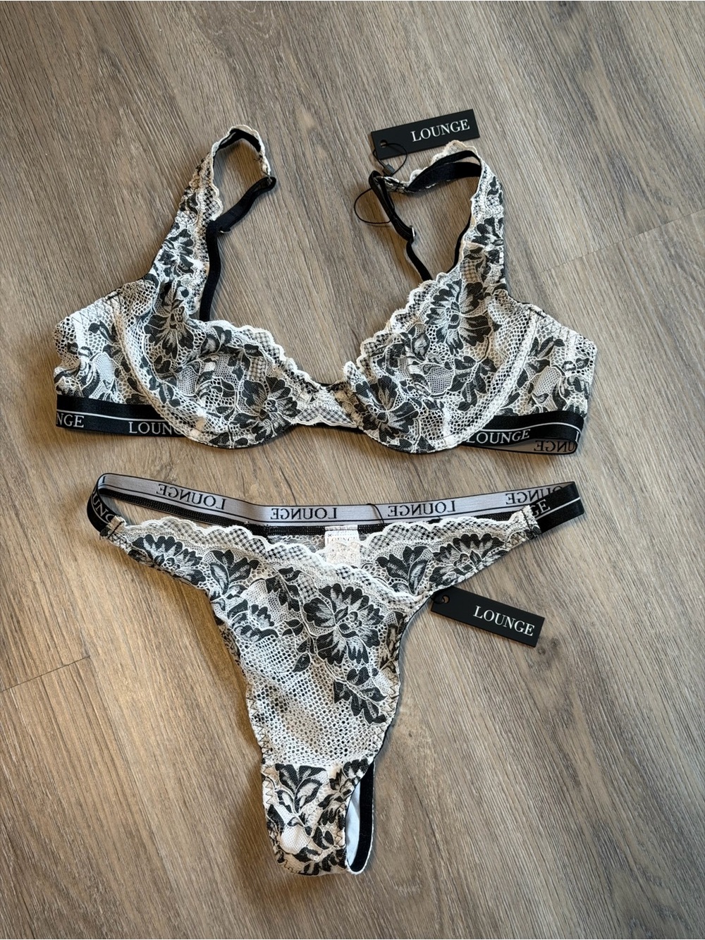 Lounge Underwire Floral Lace Bra & Thong Set in Black and White